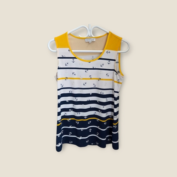 ⭐️Marie Claire Nautical Anchor Print Tank Top - Yellow and Navy Size Small - Picture 1 of 5